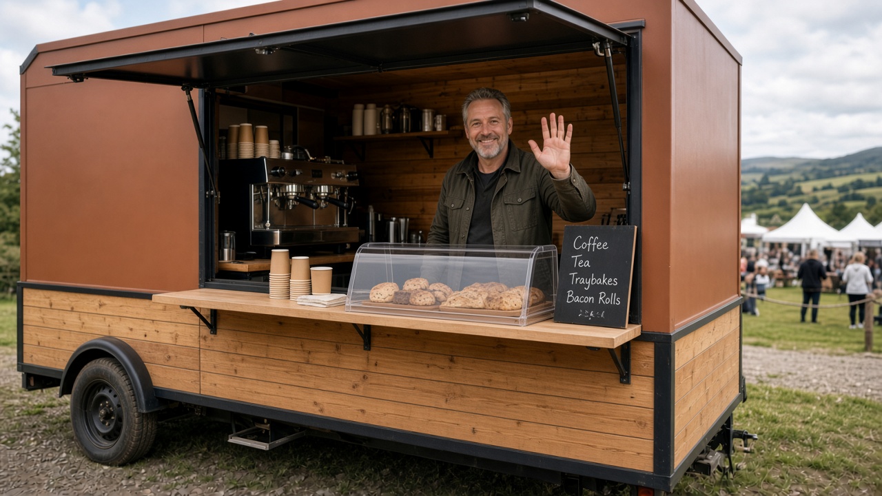 Owner standing in front of the Murphy's mobile coffee and food unit